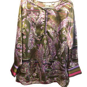 Belle Kim Gravel Sz XL Green Paisley LS Blouse Boho 90s